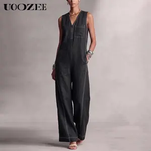 UOOZEE Women's Polyester-Cotton Sleeveless Contrast Stitch Denim Wide Leg Overalls Jumpsuit, V-Neck Zip-Front Romper with Pockets, Tall Length, Size Up for Full Bust, Festival Fit