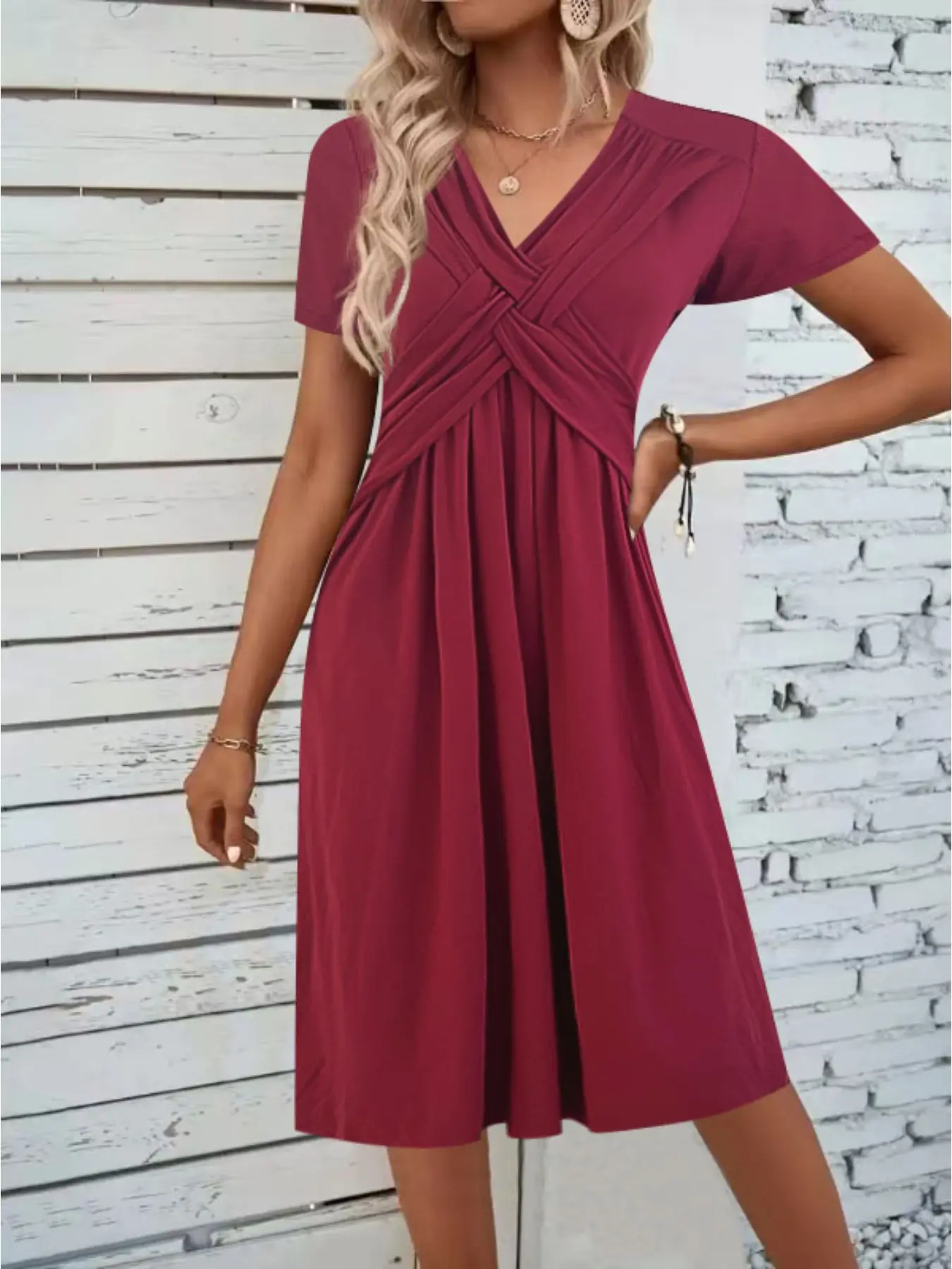 V-Neck Short Sleeve Dress, Front Twist & High Waist, Mature Style A-Line Mid-Length Dress