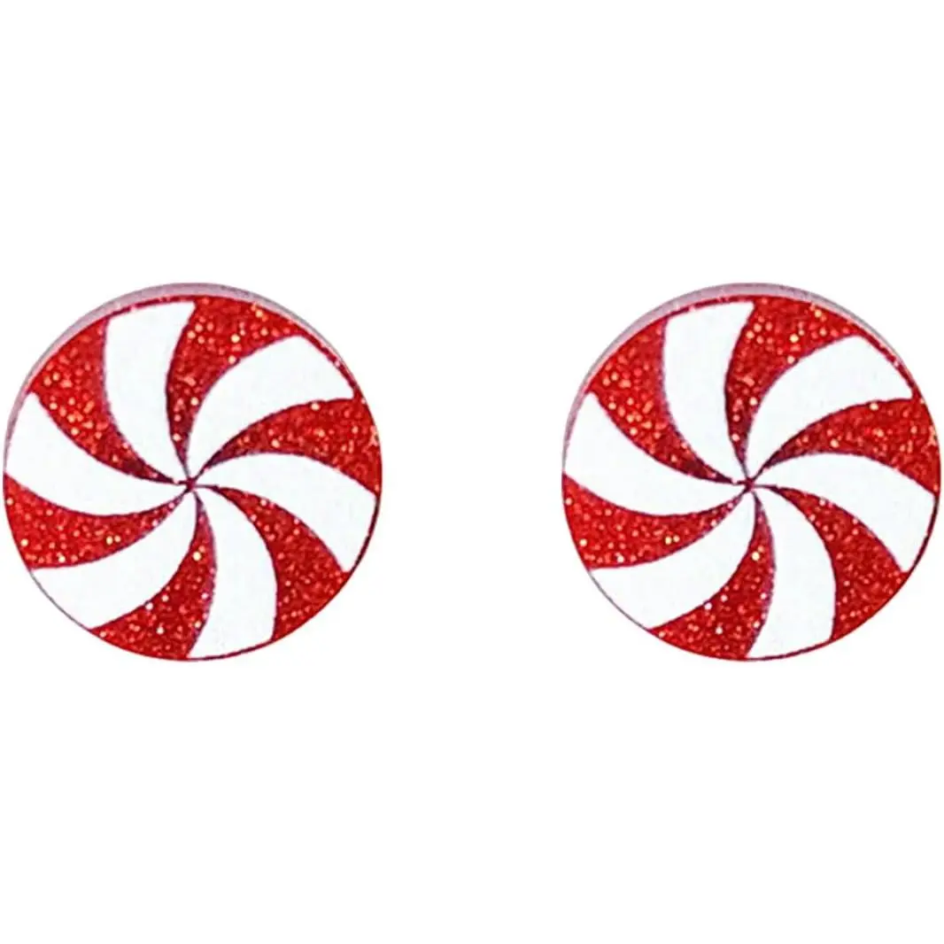 Glitter  Peppermint Swirl Stud Earrings for Women - Holiday Christmas Candy