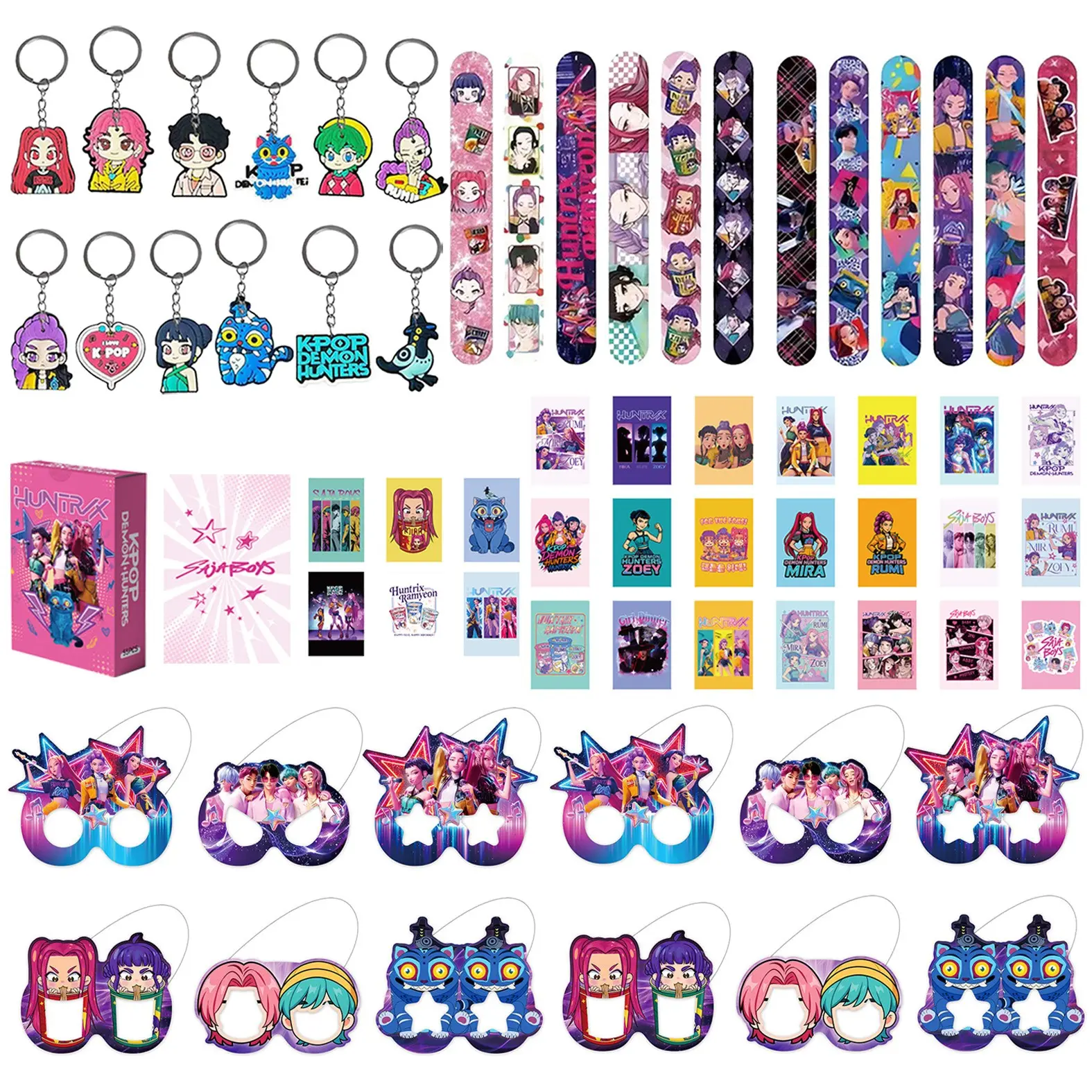 4 Korean cartoon girl group themed birthday party favor all-in-one set, includes 12 bracelets, 12 keychains, 12 party decoration glasses, 55 game cards, one box meets all your needs