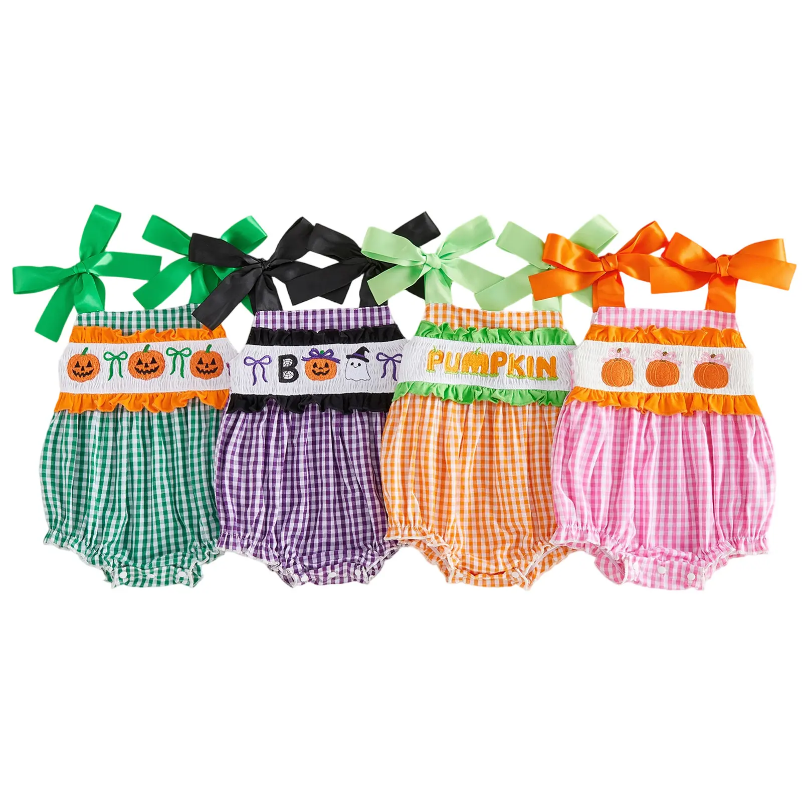 Infant Baby Girl Halloween Plaid Romper Smocked Embroidery Tie up Bow Sleeveless Jumpsuit 0-18 Months
