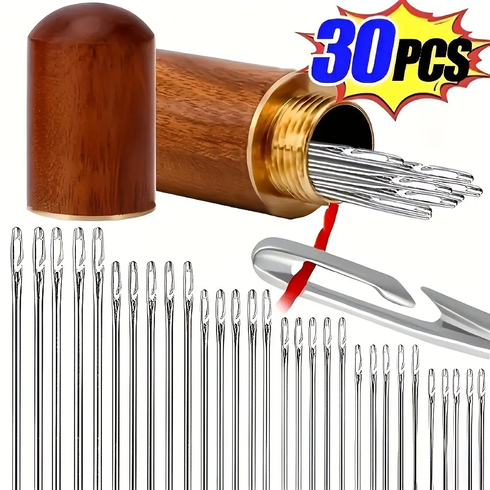 Easy Threading Sewing Needle Set with Automatic Threader, Stainless Steel, Silver Color, Ideal for Elderly, Pear Blossom Wood Storage Tube, Sewing Supplies