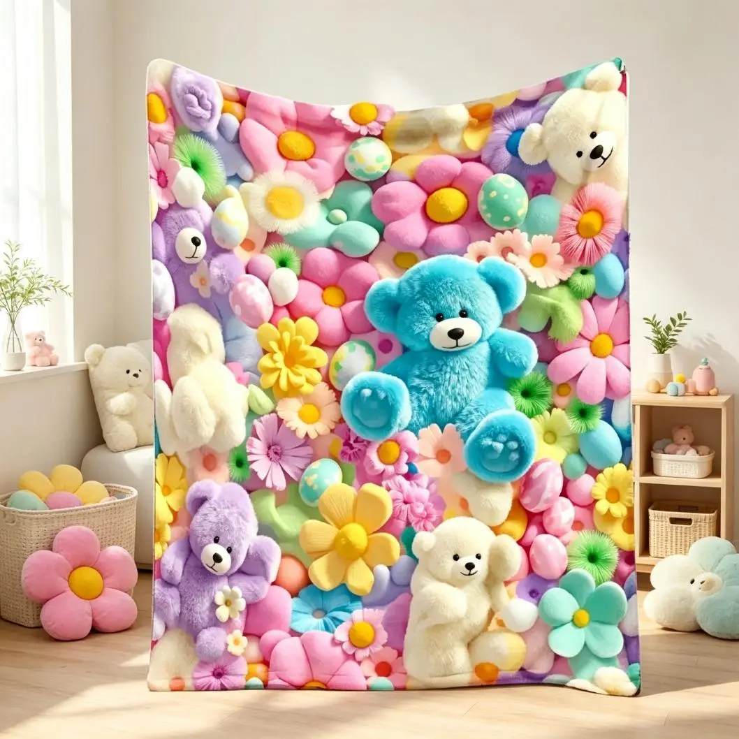 Teddy Bear Flannel Blanket, Pastel Flowers & Easter Egg Printed Soft Throw Blanket, Cute Cozy Lightweight Warm Blanket for Kids Bedroom Sofa Bed Nursery Decor, Adult & Children Gift
