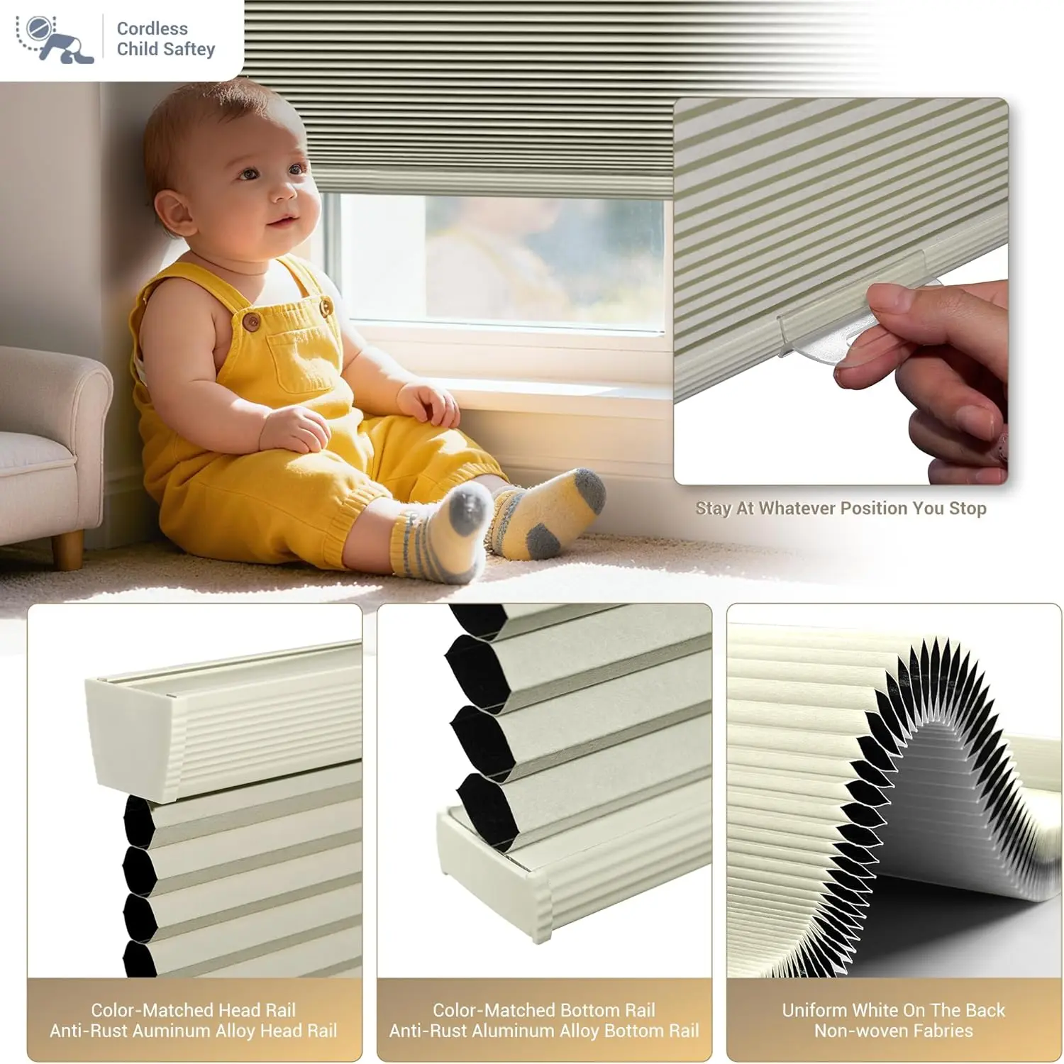 Cordless Blackout Cellular Shades - Pull-Down Triple Layer Shapehold Honeycomb Blinds with 100% Light Block, 1/8" Gapfree Fit, Cordless Lift, Energy-Saving Insulation, Noise Reduction, High-Quality Metal Head Rail, Durable Multi-Size Window Covers