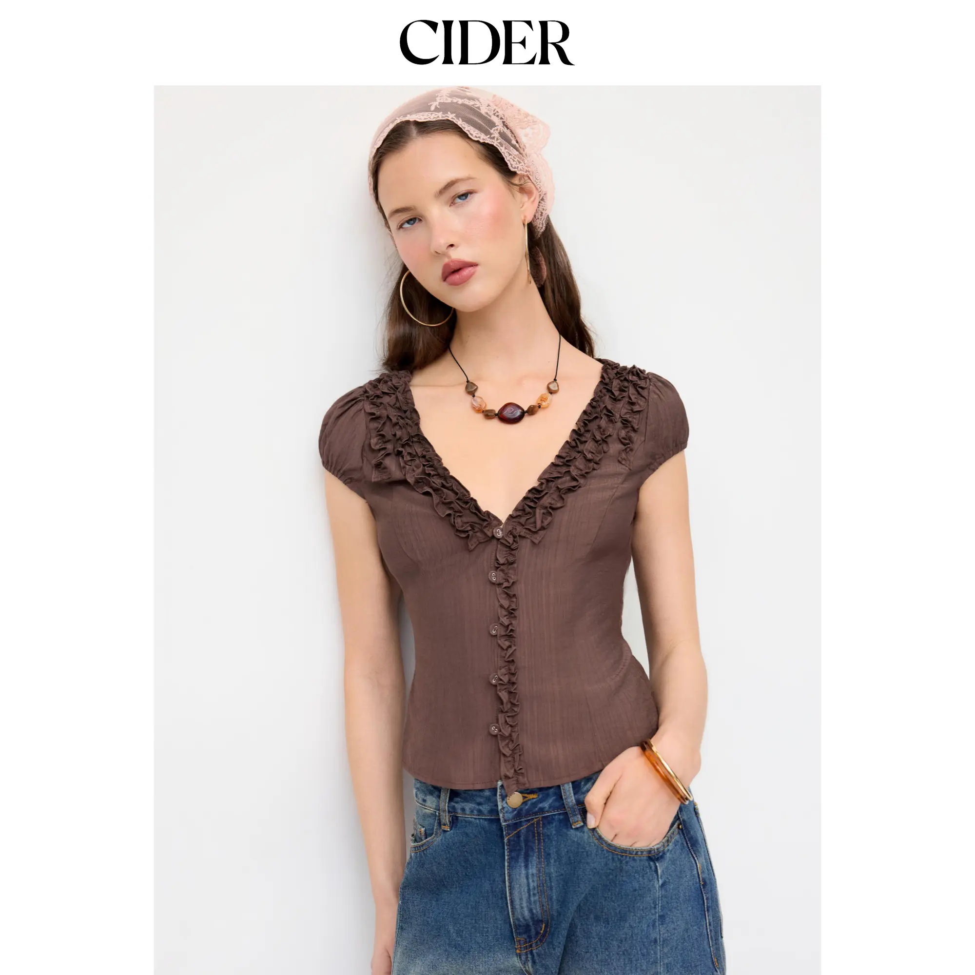Cider Textured V-Neck Puff Sleeve Bowknot Ruffled Blouse SummerWins SummerFinds