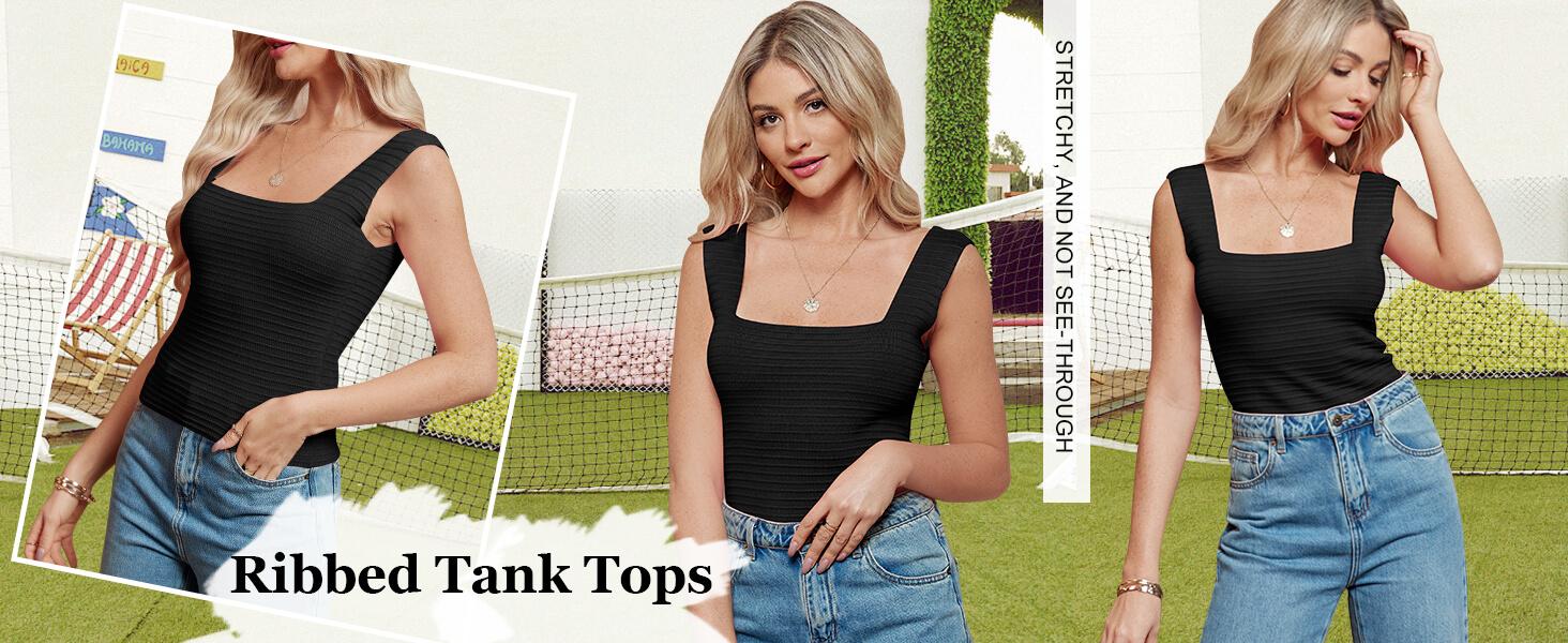 Womens Ribbed Tank Tops 2026 Summer Sleeveless Square Neck Shirts Casual Slim Fitted Knit Shirts for Beach & Workout Premium Fabric Low-Cut Square Neck Sleeveless Design - Womenswear, Basic