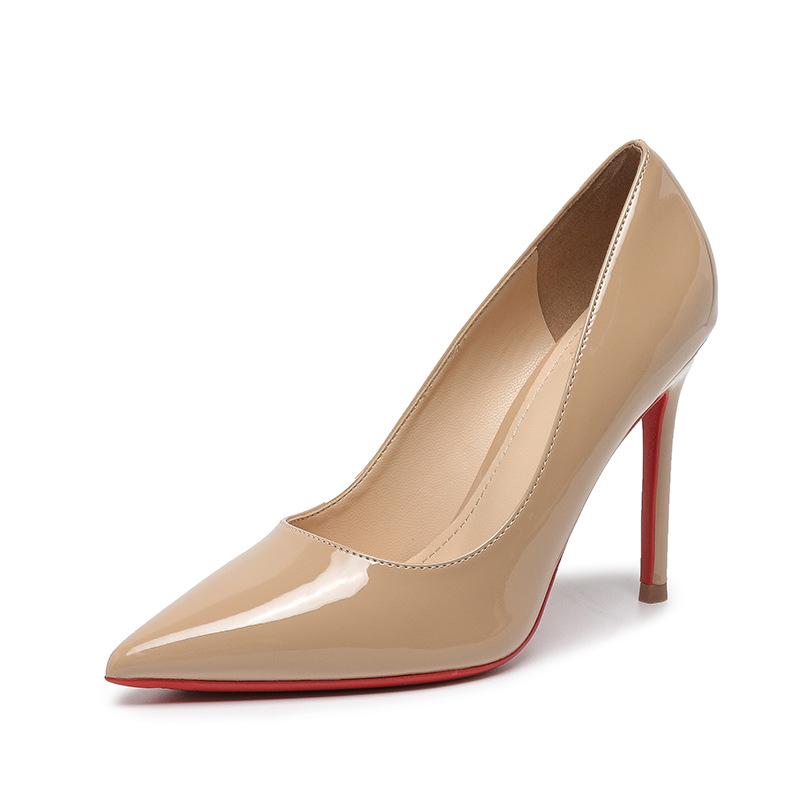 Name Sexy High Heels for Women with Red Sole Pointed Toe Thin Heel Nude Patent Leather Luxurious Elegant Red-Soled High Heels Suitable for Parties and Daily Wear