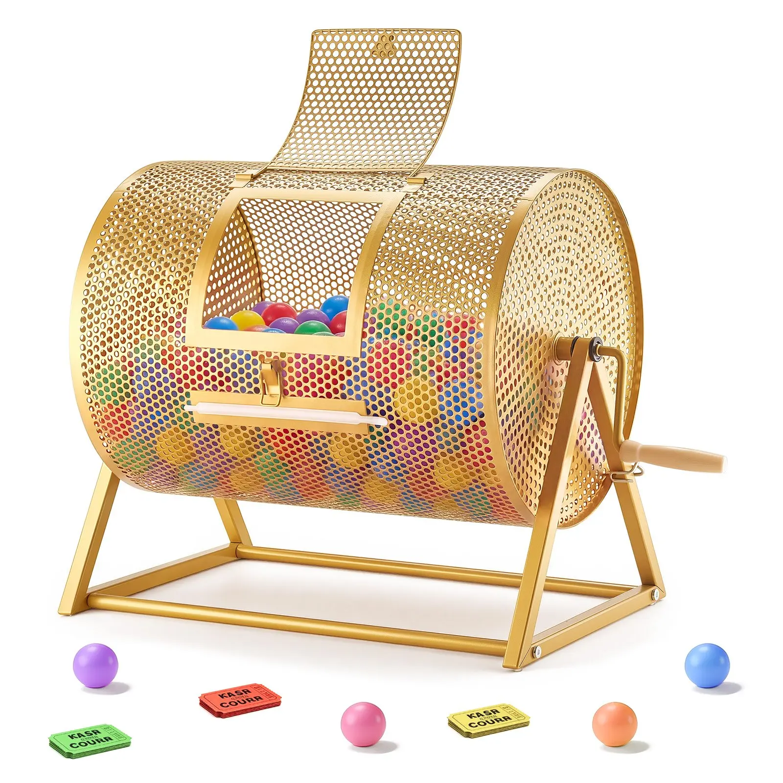VEVOR Raffle Ticket Spinner, 16.1" x 11.9" Holds 5000 Tickets or 200 Ping Pong Balls, Raffle Drum Lottery Spinning Cage with Reinforced Handle, Stable Triangular Stand, for Events and Gatherings, Gol
