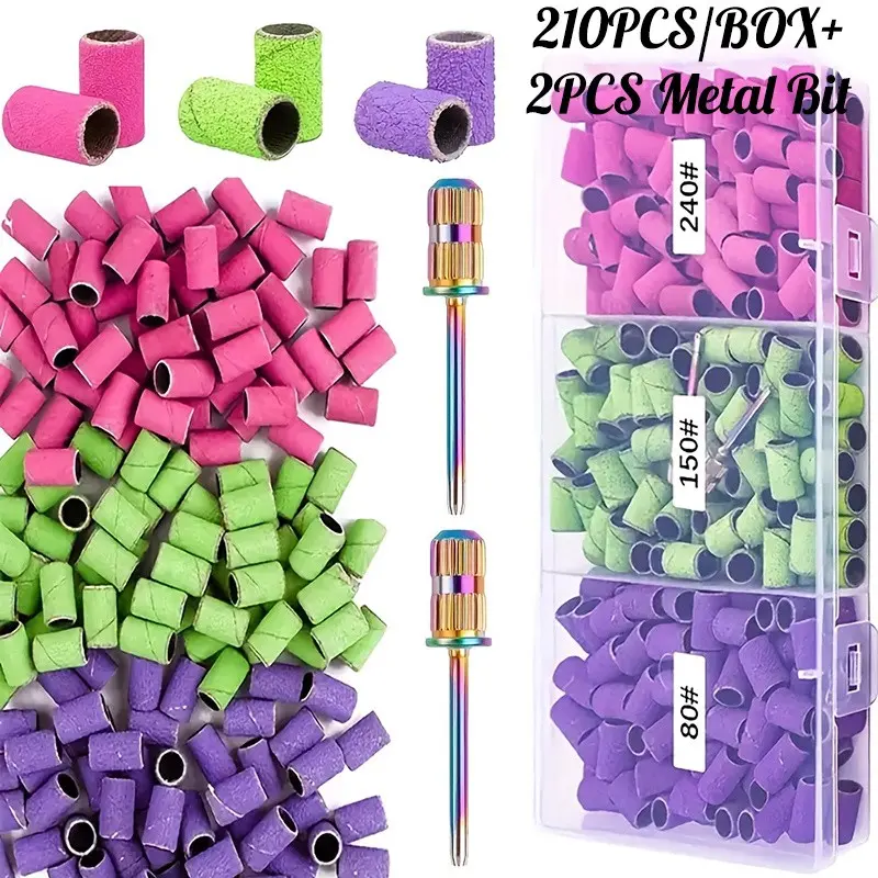 210PCS/BOX #80#150#240 Grits Nail Sanding Bands with 2PCS Metal Bit，Portable Storage Box Set for Nail Drill Sanding Bands，Nail Art Accessories Tools