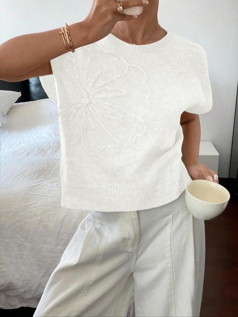 Elegant Round Neck Knit Top for Women, Spring Summer Loose Fit Sweater Vest, Casual Plain Pattern, Stylish Pullover Jacket