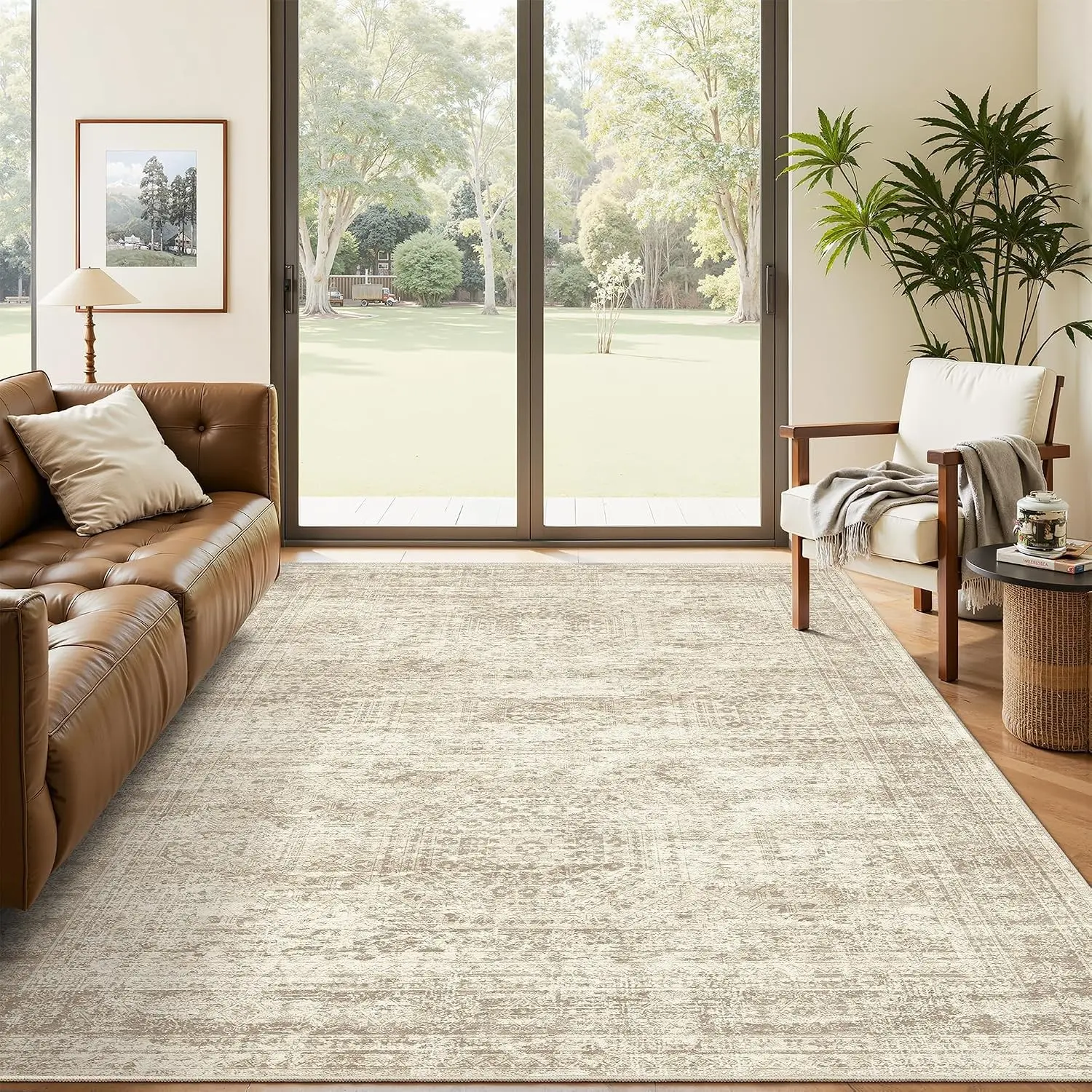 5x7 Beige Low Pile Washable Area Rug, Vintage Faded Style Non-Slip Indoor Accent for Bedroom Dining, Foldable Stain Resistant Floor Carpet Mat Under Table Home Office DecorGift