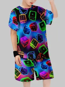 Boys' Summer Set Neon Dice Full Print Short Sleeve Top & Shorts, Casual Loose-Fitting Asymmetrical Design, Medium Length, H-Type Silhouette