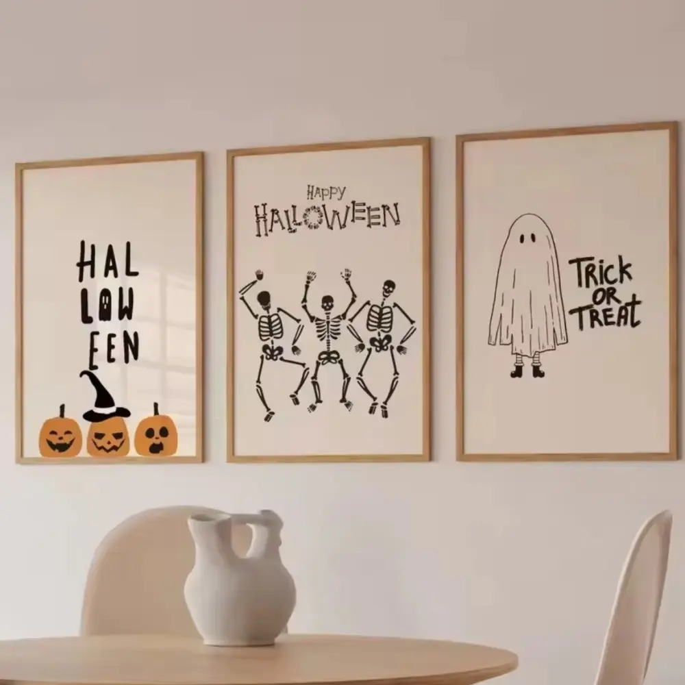 3-piece Modern Halloween Pumpkin & Skeleton Dancing Wall Art Canvas Posters, Living Room Home Decor, Framed and Unframed Options Available