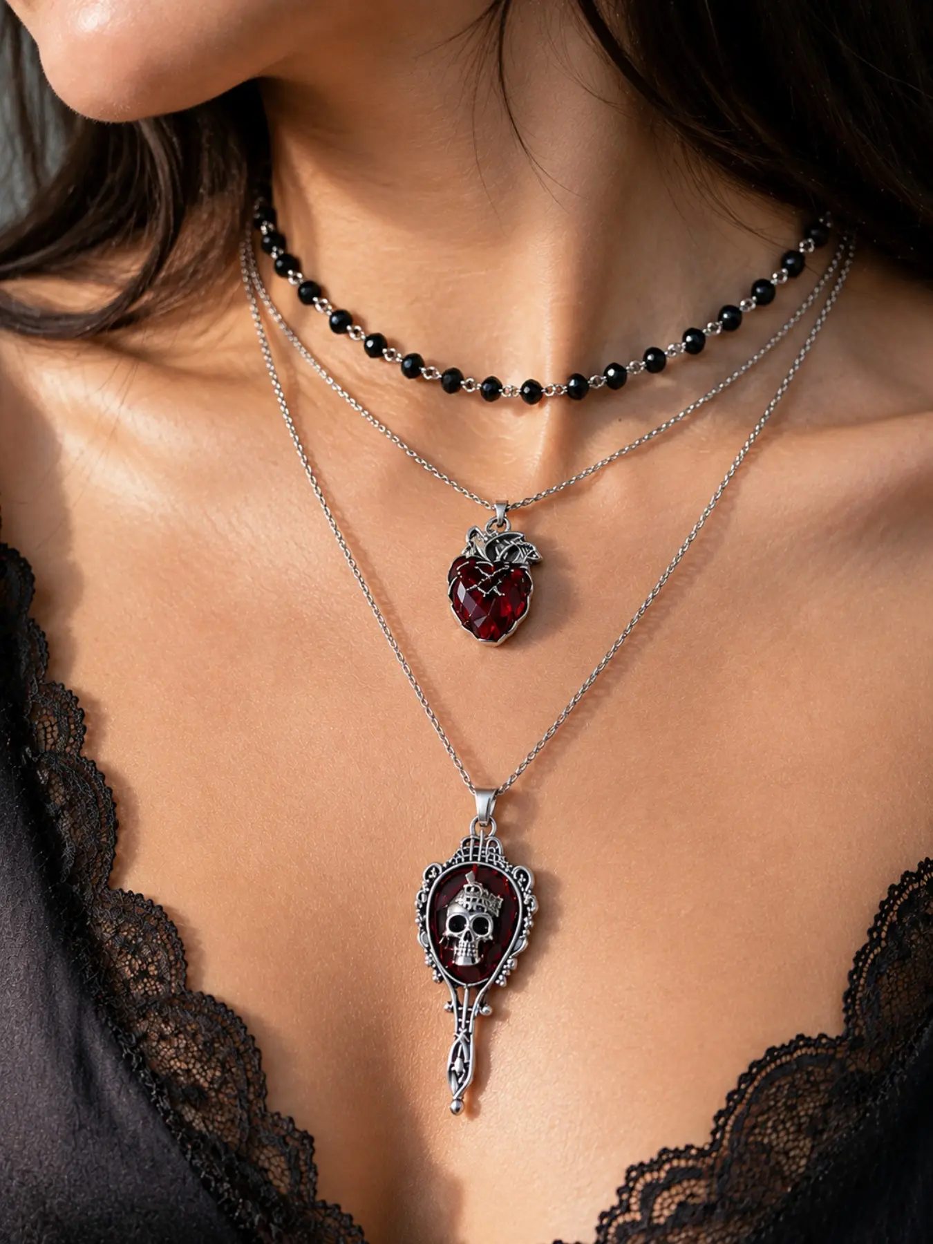 3-Layer Gothic Heart & Skull Necklace Set, Artificial Crystal Pendant, Y2K Vampire Punk Choker Jewelry, Street Style, All Seasons