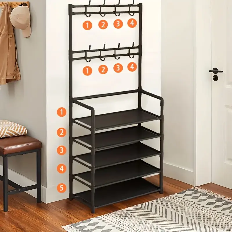 Shoe Rack Hat Stand, 2-In-1 Storage Organizer Entryway Coat Hanger, Space-Saving Shoe Holder with Clothes Rack Bracket, Combination Shoe Rack