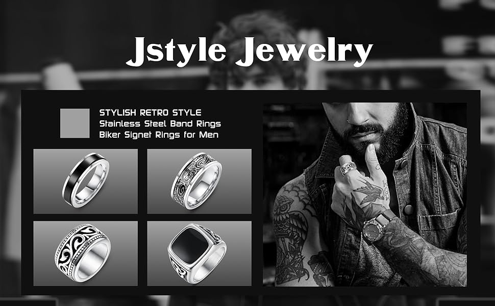 Jstyle 4Pcs Stainless Steel Vintage Signet Rings for Men Biker Rings Set Pinky Thumb Celtic Band Ring Spinner Ring Silver Gold Polished Edge Mens Rings for Men Jewelry Gift