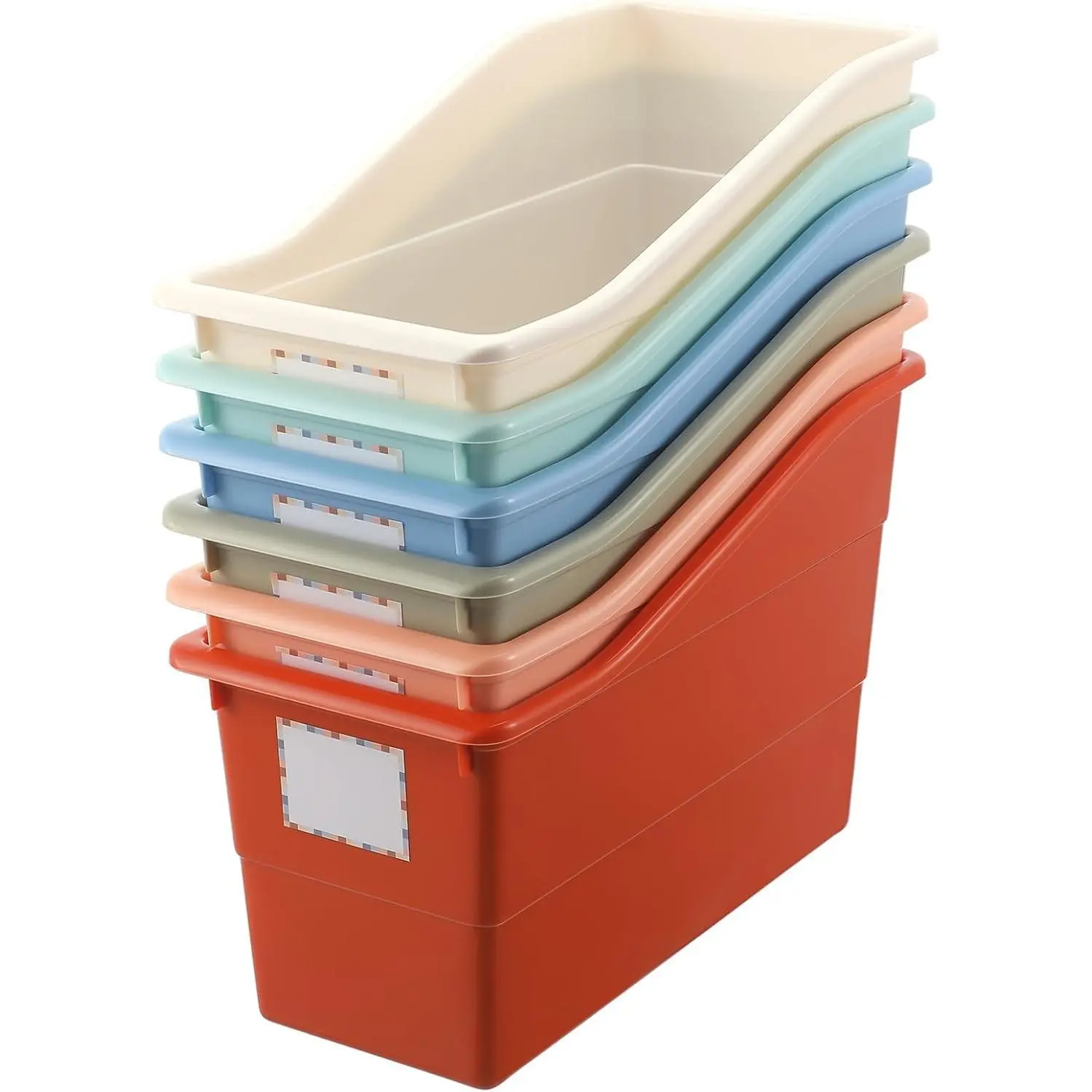 6 Pcs Interlocking Plastic Book Bins Bulk Classroom Organizers with Labels Magazine File Holder Boho for Teacher Supplies Library Office Home Storage Container(Classic Colors)
