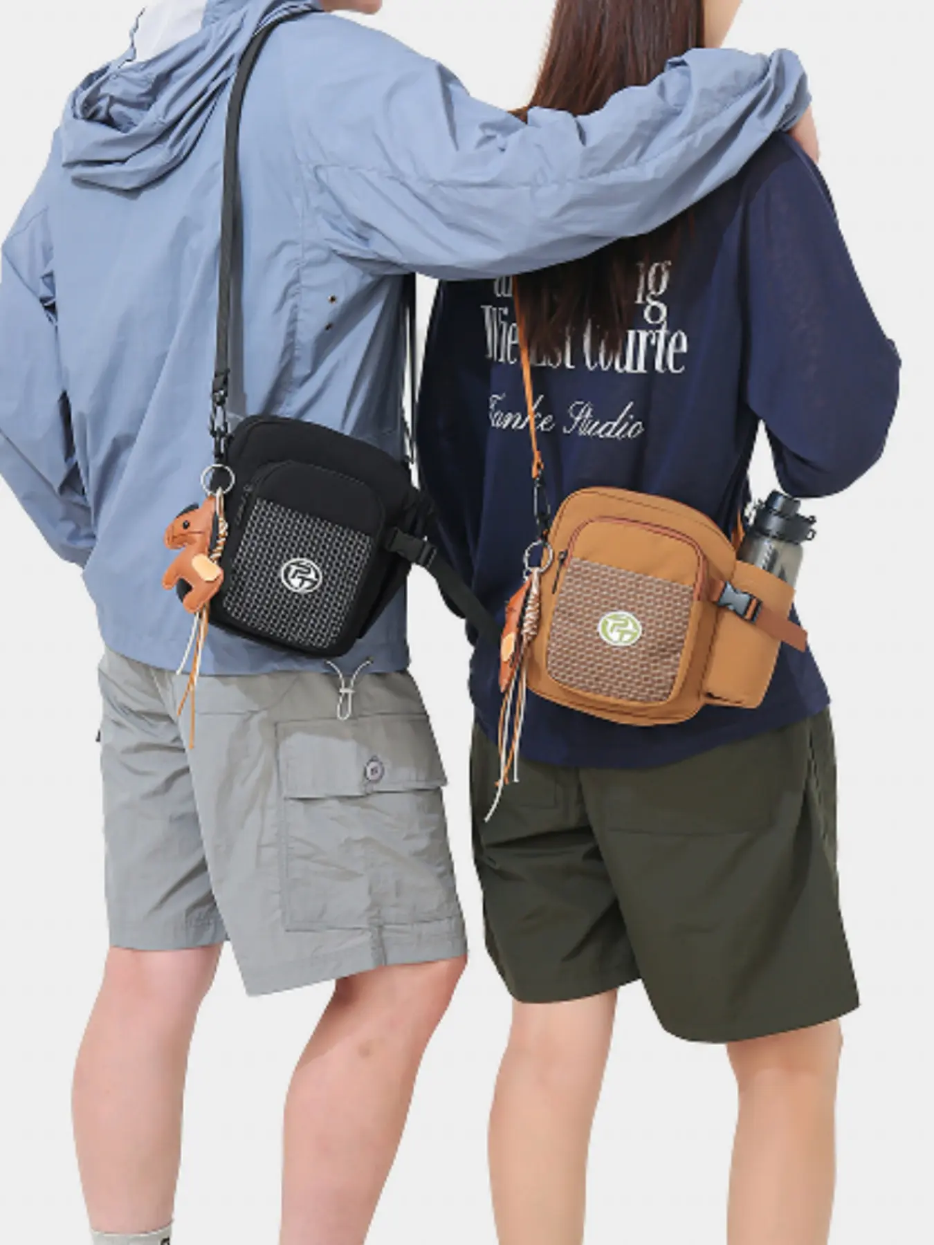 Simple outdoor mini crossbody bag with water bottle holder, featuring small horse pendant, multiple pockets, adjustable strap, unisex casual lightweight shoulder bag for sports/hiking, Multifunctional Sling Bag