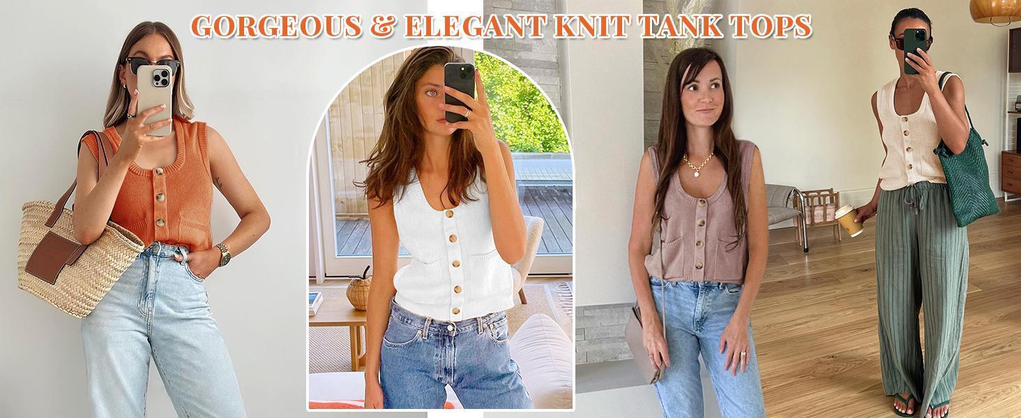 Imily Bela Womens Sweater Vest Summer Ribbed Tank Tops Sleeveless Button Down Shirts Scoop Neck Top for Women