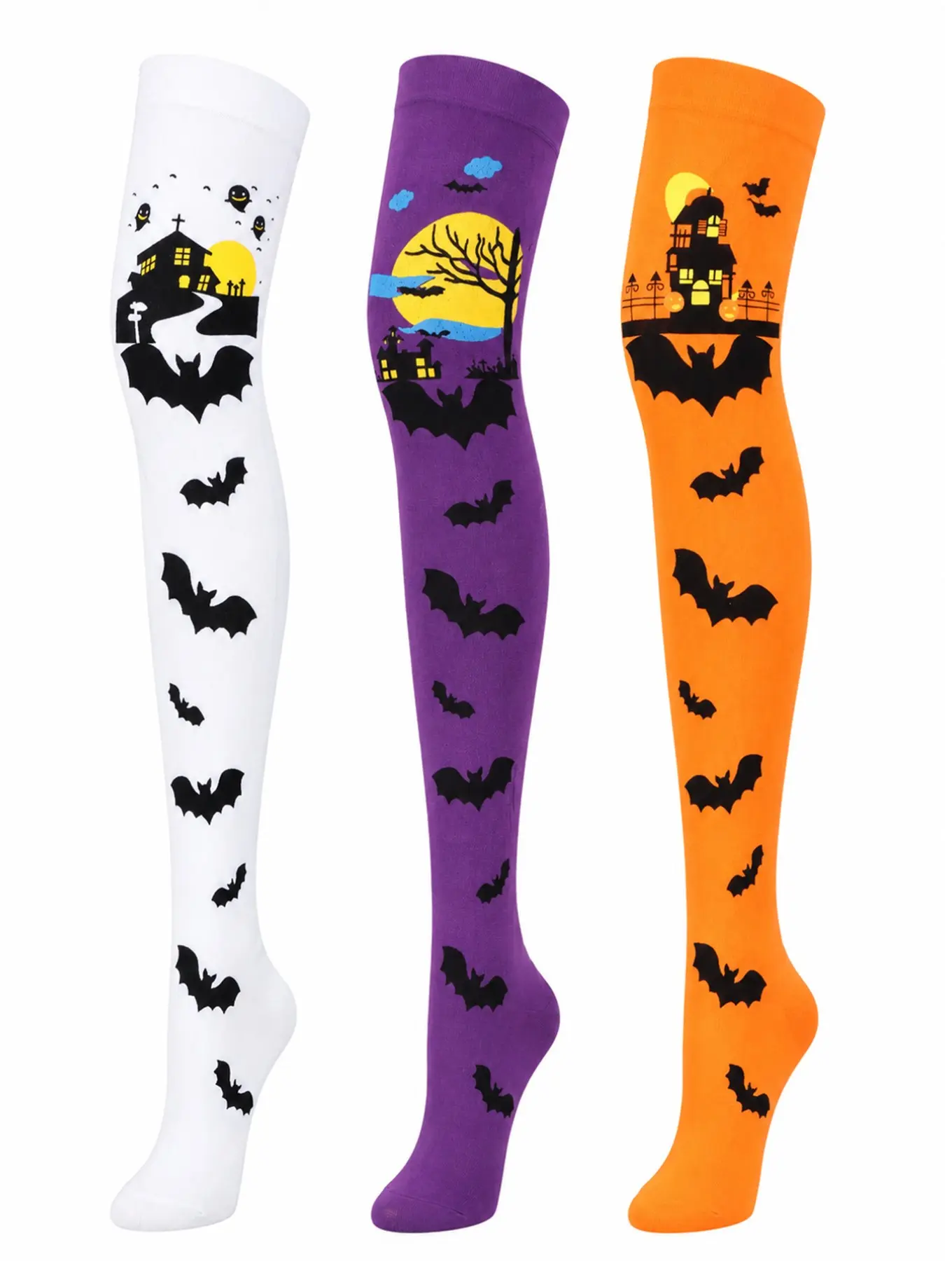 3pcs Halloween Festive Thigh High Socks, Random Bat Haunted House Design, Party Style Slim-Fit over the Knee Stockings for Trick or Treat