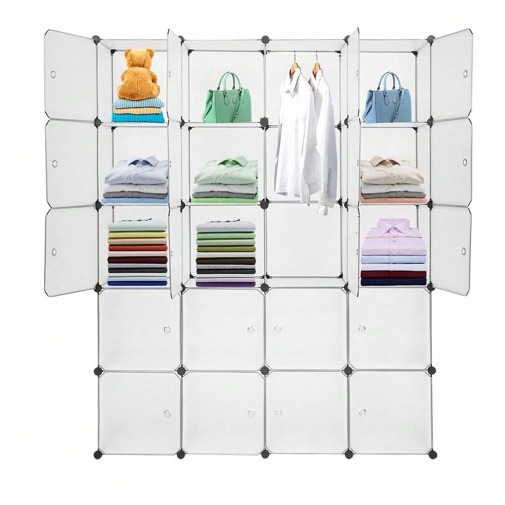 outstanding quality  1pc 20 Organizer Stackable Plastic Cube Storage Shees Design Multifunctional Modular Closet Cabinet With Hanging Rod White