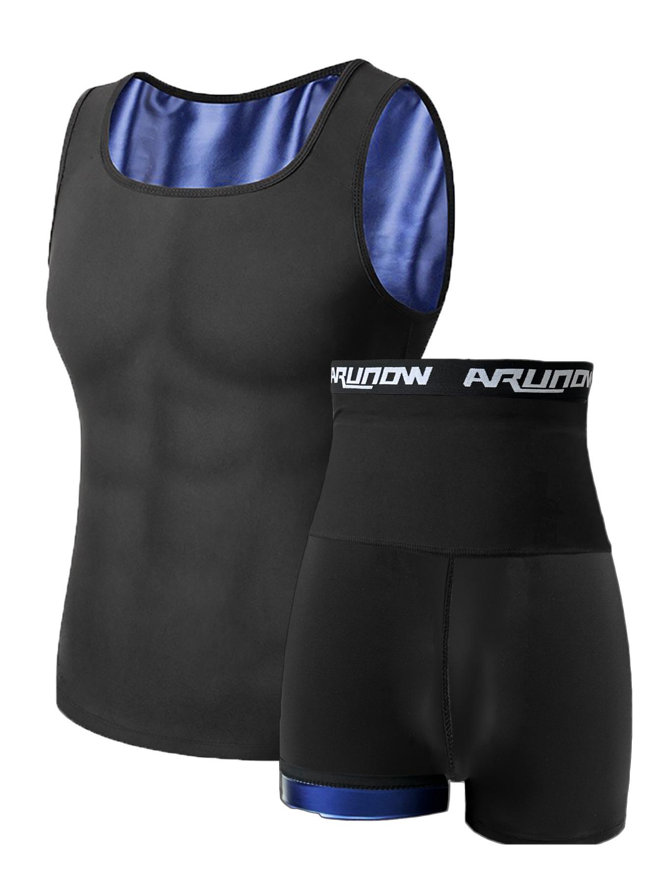 Men's Plain Scoop Neck Tank Top & Letter Tape High Waist Shorts Sweat Sauna Suit Set, Sleeveless Sports Top & Skinny Shorts, Workout Gym Yoga Exercise Clothing Set for Men