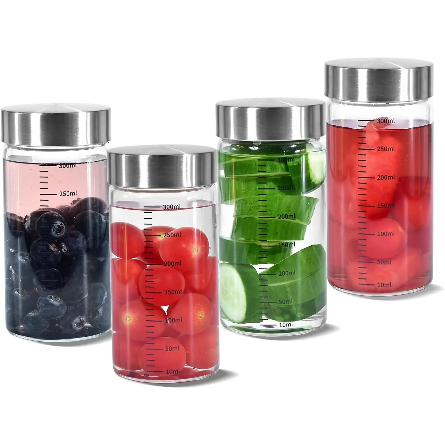 10oz Cylindrical Transparent Borosilicate Glass Sports Water Bottles (4pcs), Wide Mouth, Durable, Portable, Leakproof Stainless Steel Lid with Synthetic Gasket, Kitchen Drinkware for Juicing, Coffee Pour, Everyday Use