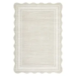 5x7 ft Beige Low Pile Rectangular Polyester Area Rug - Wavy Border, Geometric Look, Stain-Proof, Machine Washable, High-Traffic Living Room Rug, Ideal for Bedroom