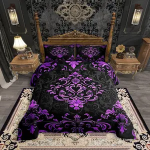 Black Purple Gothic Comforter Set Queen Size,Vintage Boho Damask Floral Comforter,Bohemian Goth Bedding Set for Kids Adults Victorian Baroque Flower Bed Set 3 Pcs