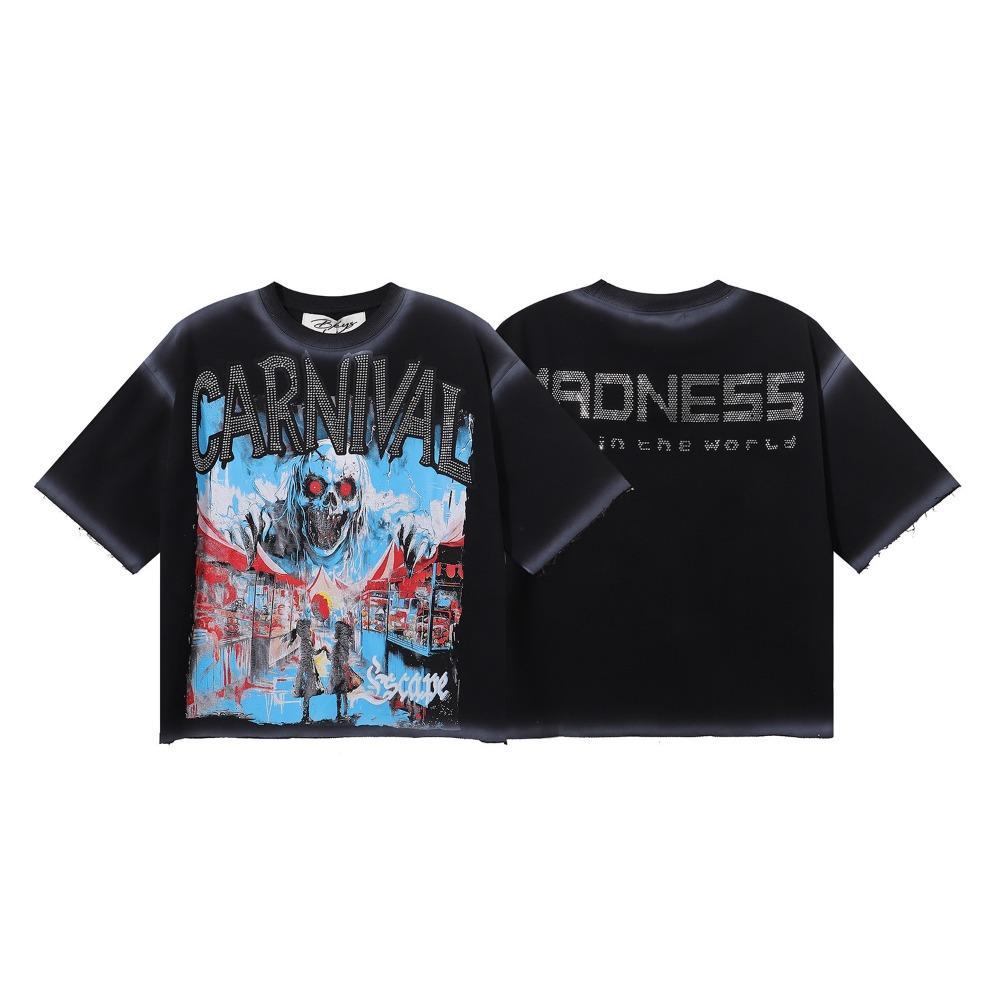 Vintage Washed Heavyweight BKYS Hip Hop T-Shirt, Bling Rhinestone & Hot Stamping Glitter Graphic, Retro Y2K Streetwear Loose Cotton Short Sleeve Tee for Men Women