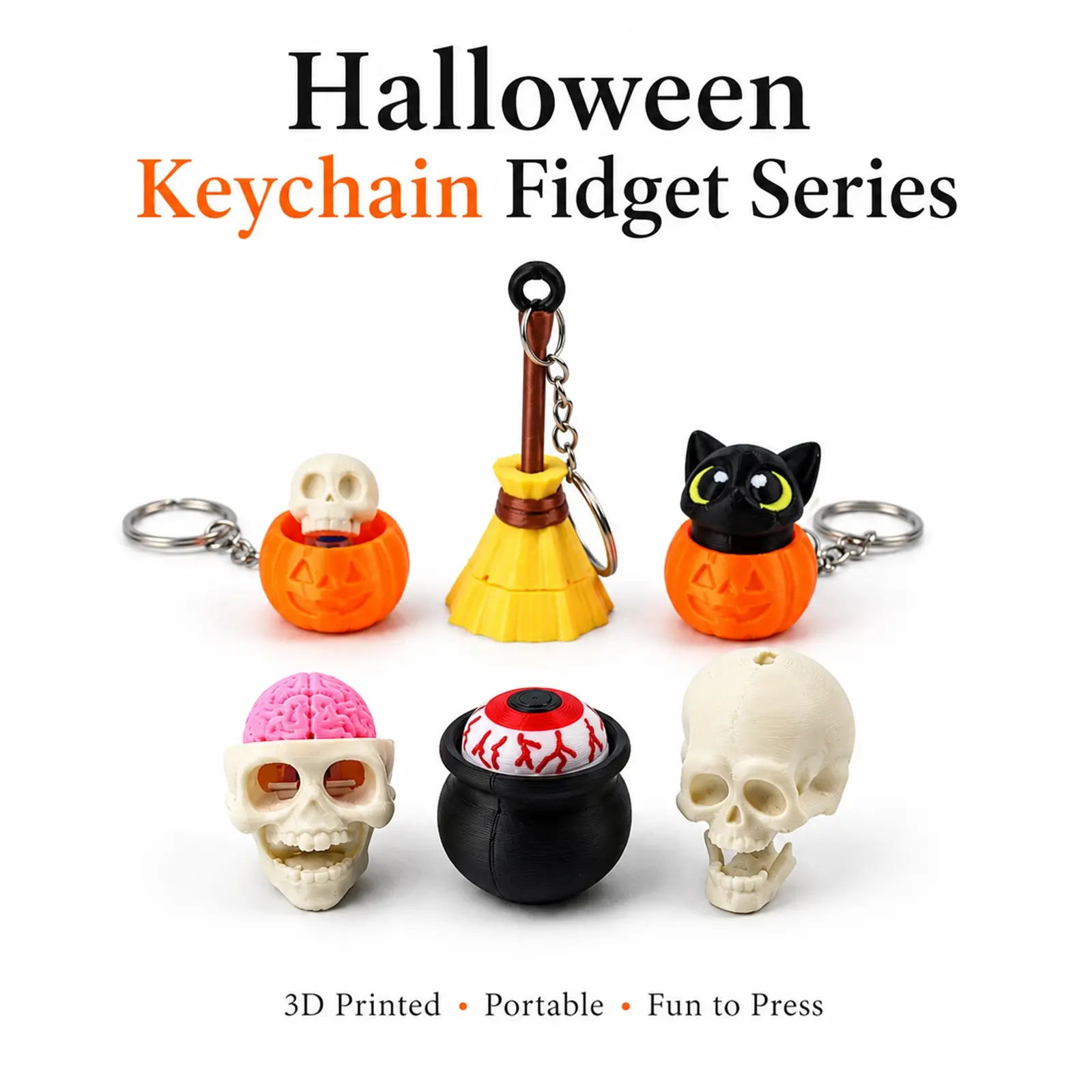 6-Piece Skull Keychain Clicker Set, Halloween Theme Stress Relief Tool, Portable Desk Accessory, Spooky Halloween Decoration