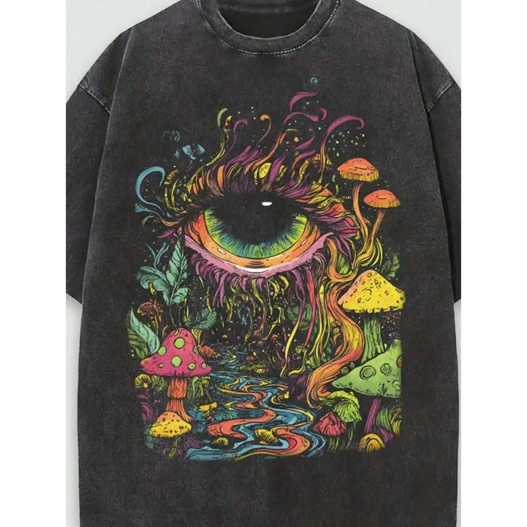 Psychedelic Eye Mushroom Forest Graphic Tee Vintage Washed Heavyweight Cotton Tshirt Front Print Trippy Abstract Art Top Men Short Sleeve Crewneck Oversized Streetwear Viral Outfit Apparel
