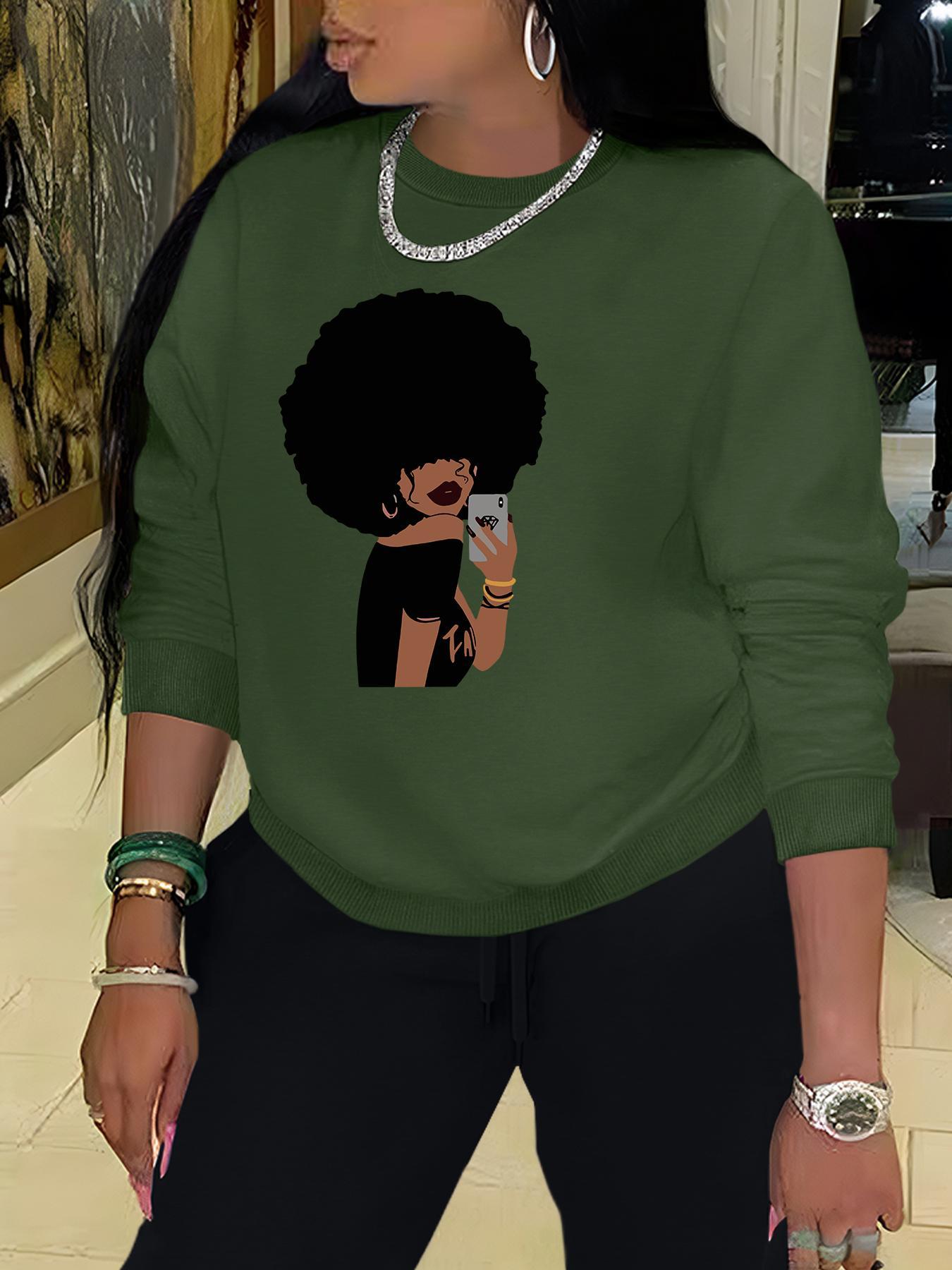 Women's Letter & Afro Girl Print Crew Neck Sweatshirt, Casual Long Sleeve Pullover for Fall & Winter, Women's  Clothes for Daily Wear