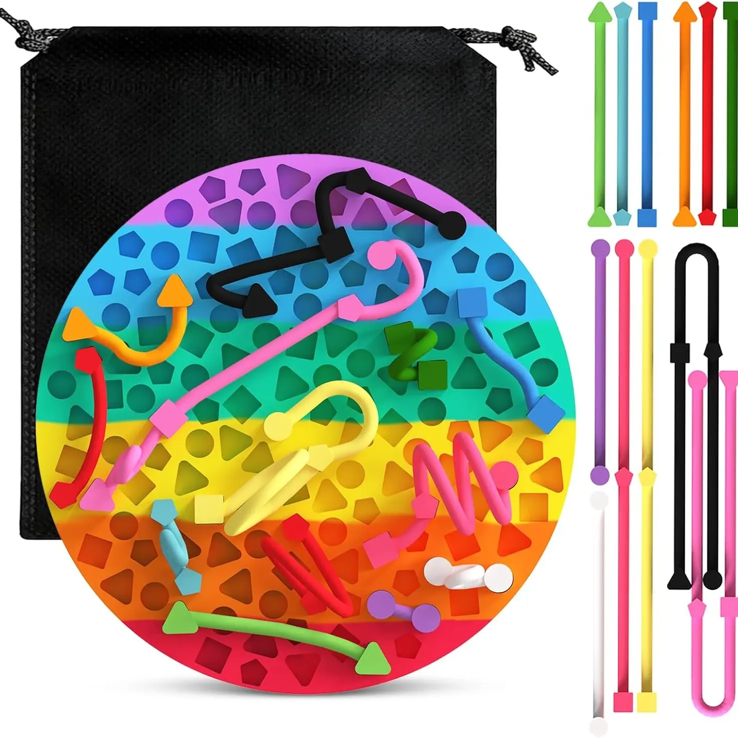 Sensory Activity Board, Stress Relief Silicone Quiet Toddler Sensory Toy, ADHD & Autism Sensory Toys for Kids & Adults | Includes Portable Travel Bag & 12 Strings