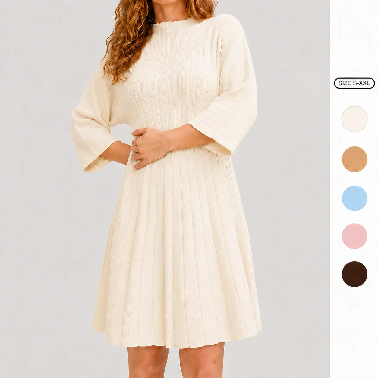 Imily Bela Womens Vertical Rib Striped Knit Dress Semi High Neck 3/4 Sleeve Fit Flare Casual Sweater Dress Casual Elegant A Line Dresses