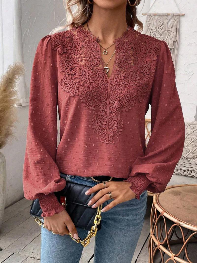 Women's Mixed Pattern Paisley Lace Swiss Dots Smocked Long Sleeve Blouse