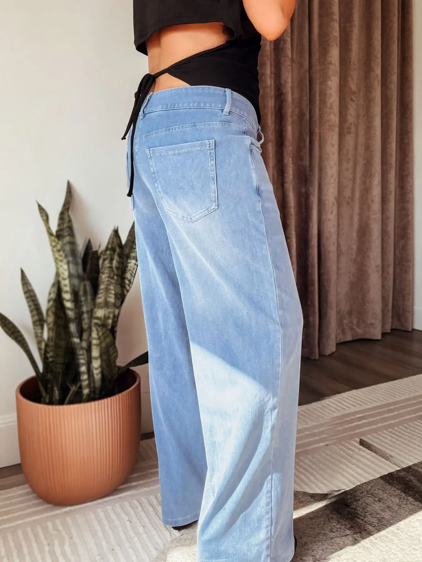 【The LaLa - Katrina's Exclusive】Women's Light Blue Knitted Denim Cross Over Low Rise Baggy Wide Leg Jeans, Soft Stretchy Loose Floor Length Denim Pants with Functional Pockets, Casual Streetwear Daily Commute Vacation Outfits for Women TChic