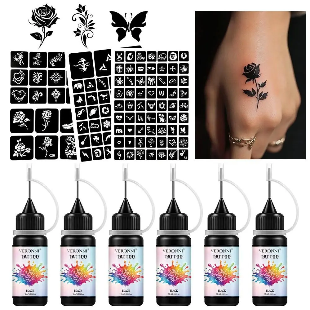 Veronni Temporary Tattoo Kit, 6 Bottles Tattoo Gel + 3 Templates, Halloween Party Essential, Gothic Punk Style, Easy Application