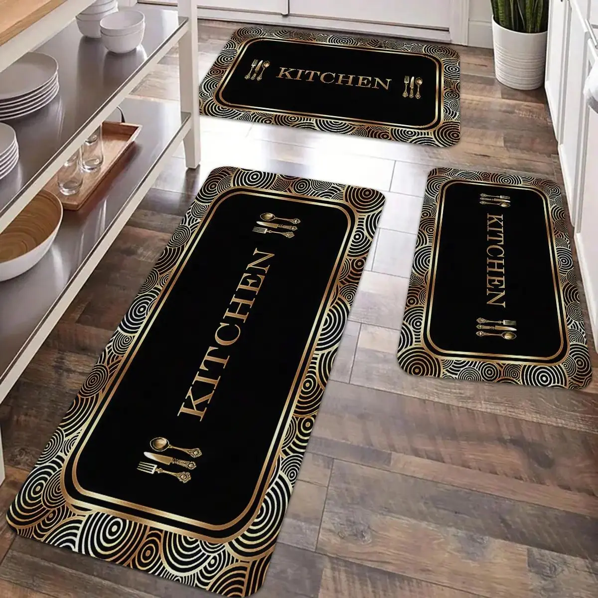 Kitchen anti slip carpet floor mat, Geometric rug, black gold geometric texture design printed kitchen floor mat, soft flannel anti slip washable kitchen floor mat, suitable for kitchen, dining room, laundry room