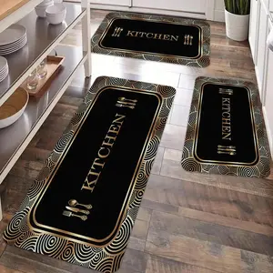 Kitchen anti slip carpet floor mat, Geometric rug, black gold geometric texture design printed kitchen floor mat, soft flannel anti slip washable kitchen floor mat, suitable for kitchen, dining room, laundry room