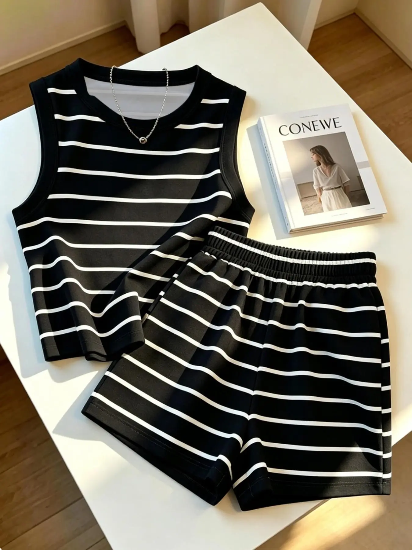 Striped Tank Top and Shorts Set, Sleeveless Short Top + Elastic Waist Shorts, Summer Casual Home Wear, Women's Fashion, Minimalist Style, Clothes