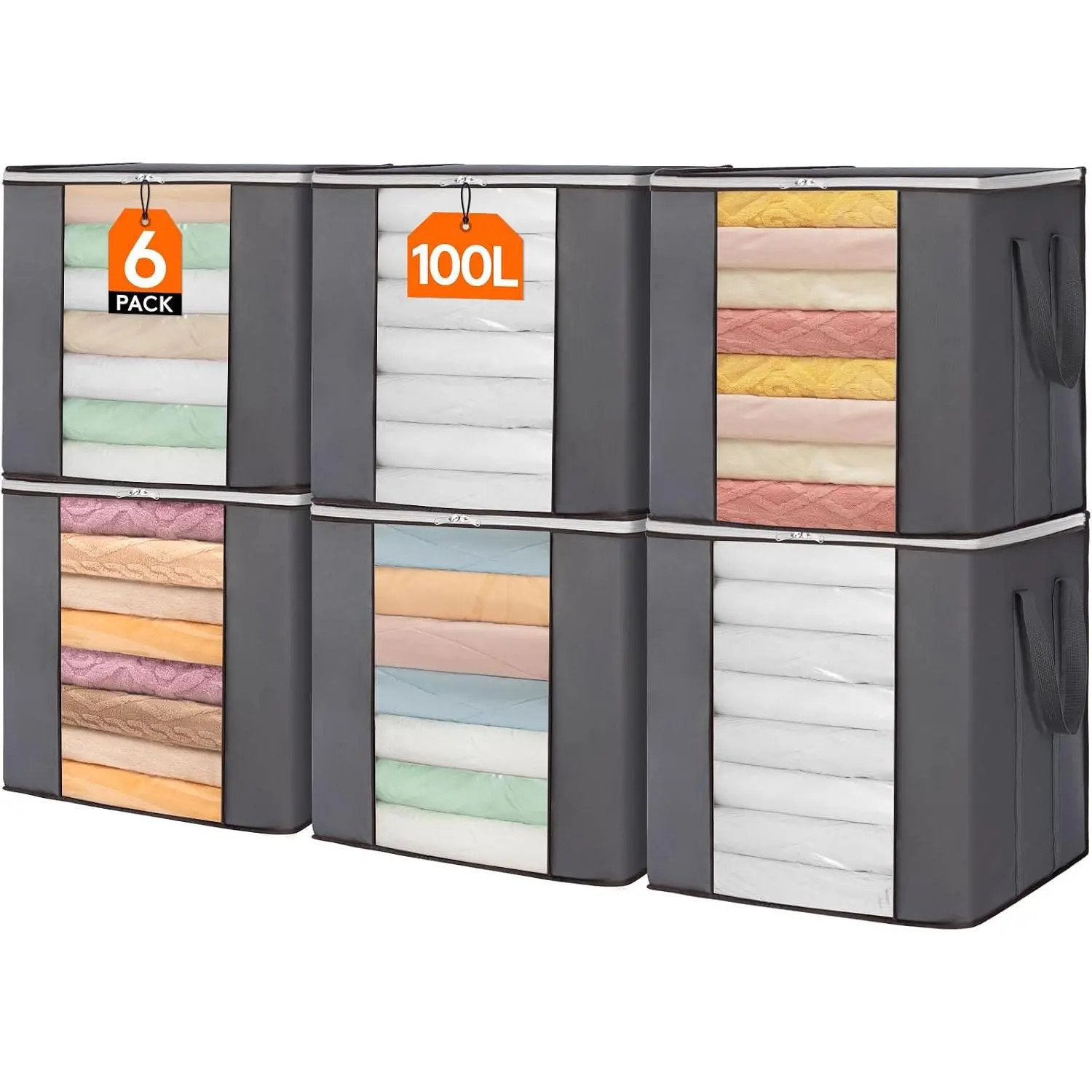 100L  Blanket Storage Bags, Foldable Comforter Storage with Reinforced Handles, Clothes Storage Containers for  Comforter, Bedding, Pillow, Sheet, Storage Bin with  6 Pack