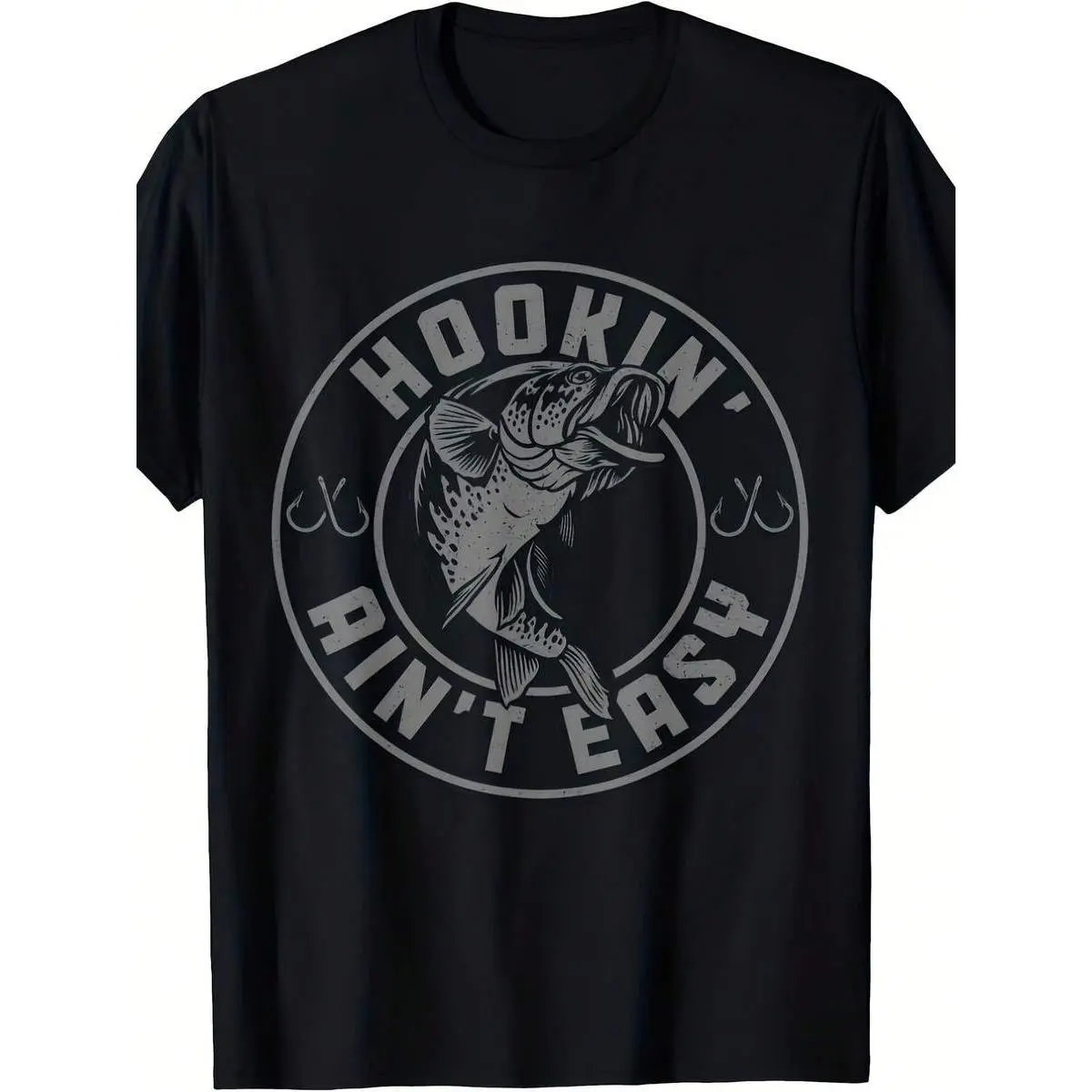 Men's Vintage Hookin' Ain't Easy Fishing T Shirt Big & Tall Sizes Black With White Fish Graphic Fit Short Sleeve Crew Neck All Season Casual Wear Perfect Angler Gift For Christmas Black FMen's Casual Short Sleeve Funny Graphic Tees T-Shirt........