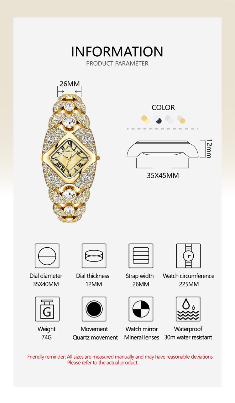 Women's Luxury Gold Iced Out Diamond Bracelet Watch - Square Mother of Pearl Dial with Roman Numerals, Fully Bling Crystal Encrusted Quartz Wristwatch, Perfect Gift for Her