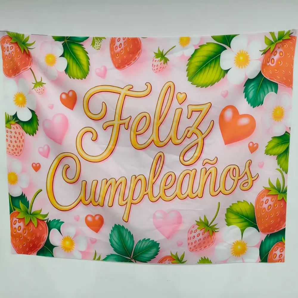 2D Flat banner 1pc Spanish Strawberry Themed Birthday Banner Fresh Sweet Style Decor for Birthday Party Arrangement, Birthday Decorations, Strawberry Style Background Decoration, Strawberry Style Backdrop Polyester Indoor & Outdoor