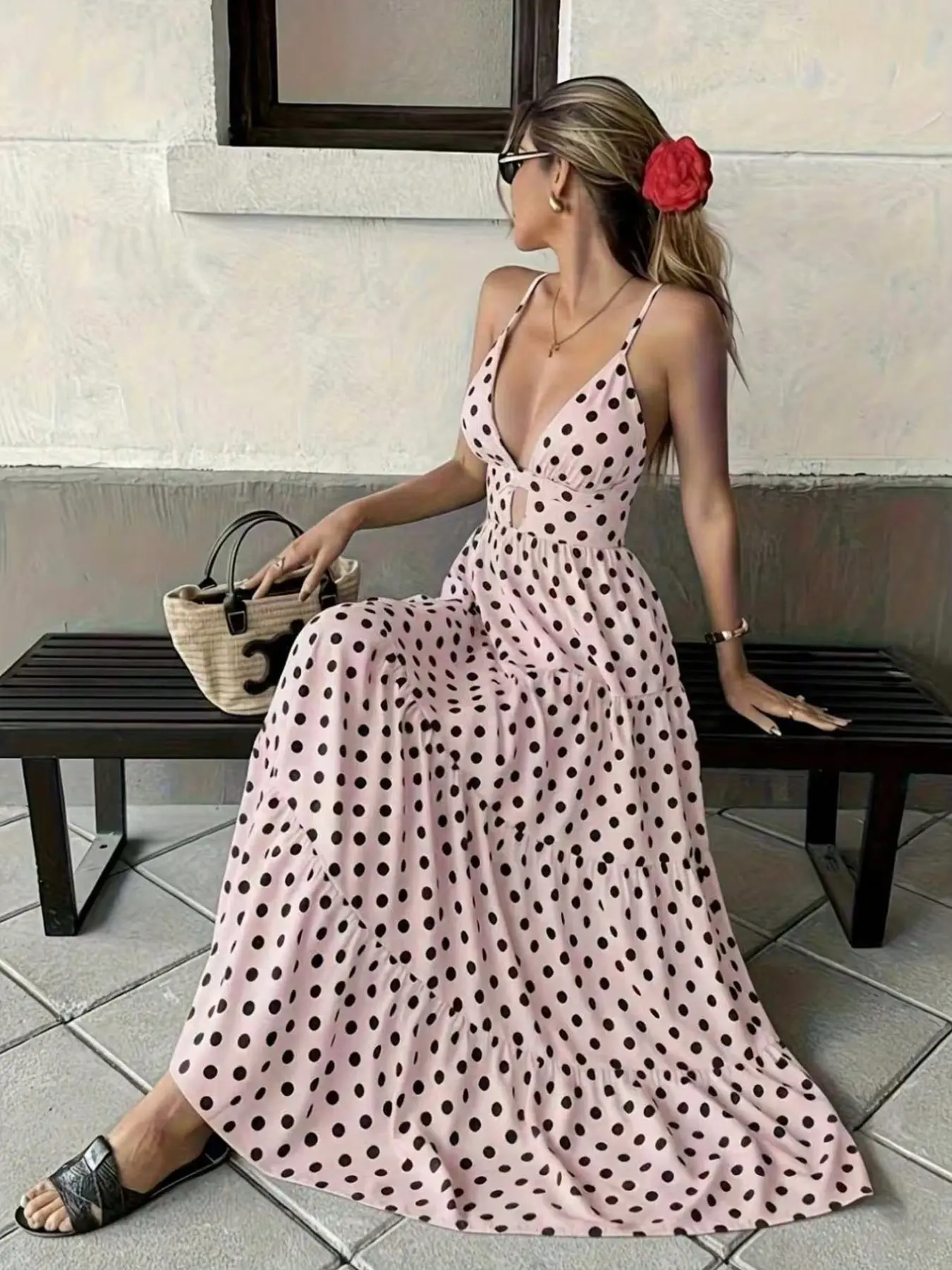 Women's Polka Dot V-Neck Holiday Dress, Slim-Fitting Strapless Midi Dress, Pariaura Loose Fit Design, Casual Daily Wear Beachwear