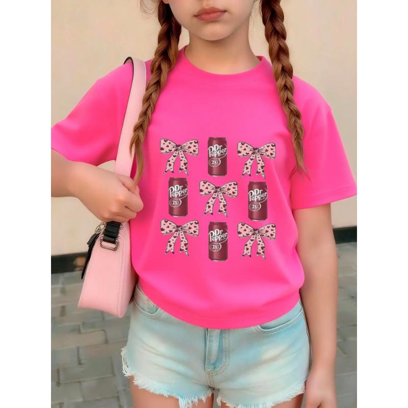 Girls' Outdoor Casual Round Neck Short Sleeve Top, Bottom Dr Pepper Soda Can Print, Leopard Bowknot Pattern, Comfortable Fit, Graphic Shirt