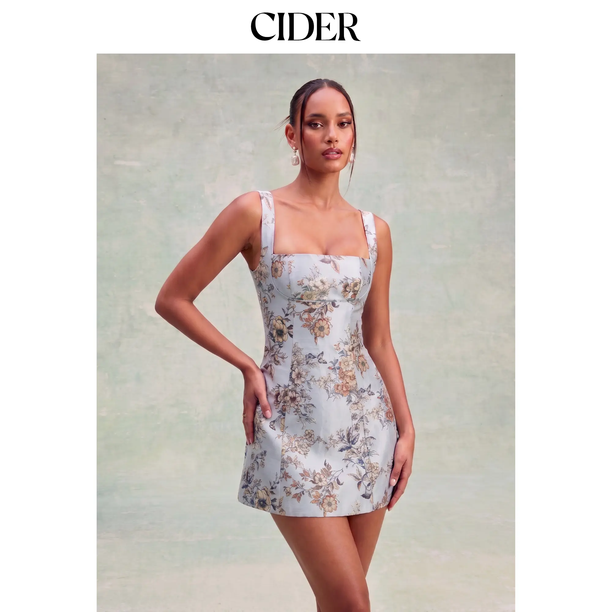 Cider Jacquard Floral Square Neckline Lace up Corset Mini Dress