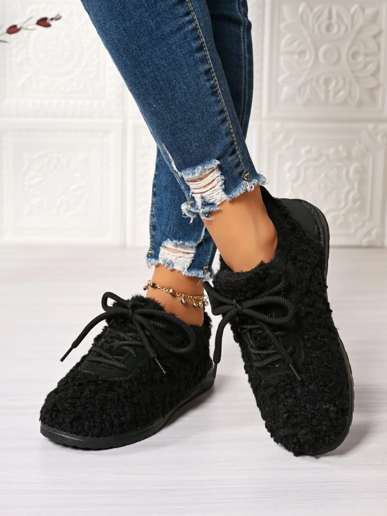 Teddy Bear Fleece Sneakers, PU Leather Upper, Rubber Sole, Casual Style, All Seasons, Low Top, Anti-Slip, Comfortable Footwear