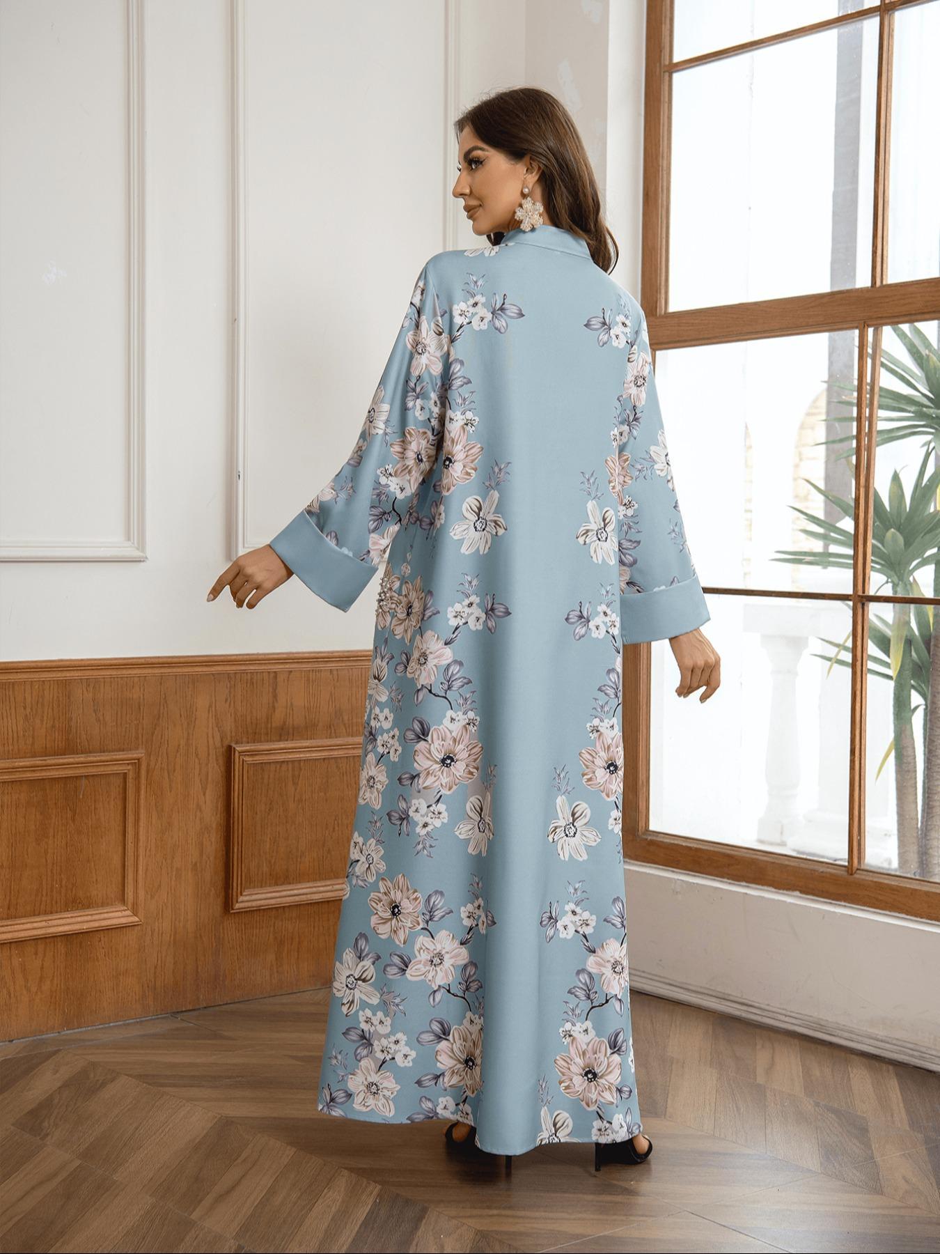 Women's Floral Print Long Sleeve Kaftan Dress, Elegant Fashion Casual Modest Style Dress for Daily Outdoor Wear, Women's Islamic Clothing for All Seasons, Classy Modest Dresses, Modestdresses
